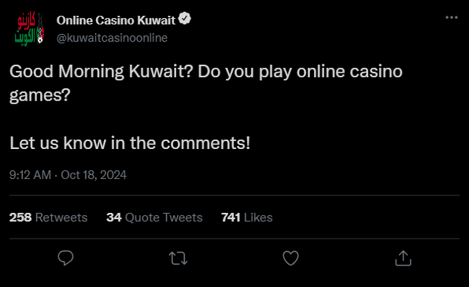 This screenshot is from our twitter poll from our official online Casino Kuwait account and its shows the number of likes, reposts, and quote tweets and here we asked the question from Kuwaiti people whether they play online casino games. 